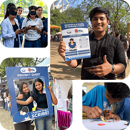 Collage of Project Quest activities including volunteers guiding blindfolded participants, a young man promoting scribe registration, students pledging to be scribes, and a child drawing with focused attention.