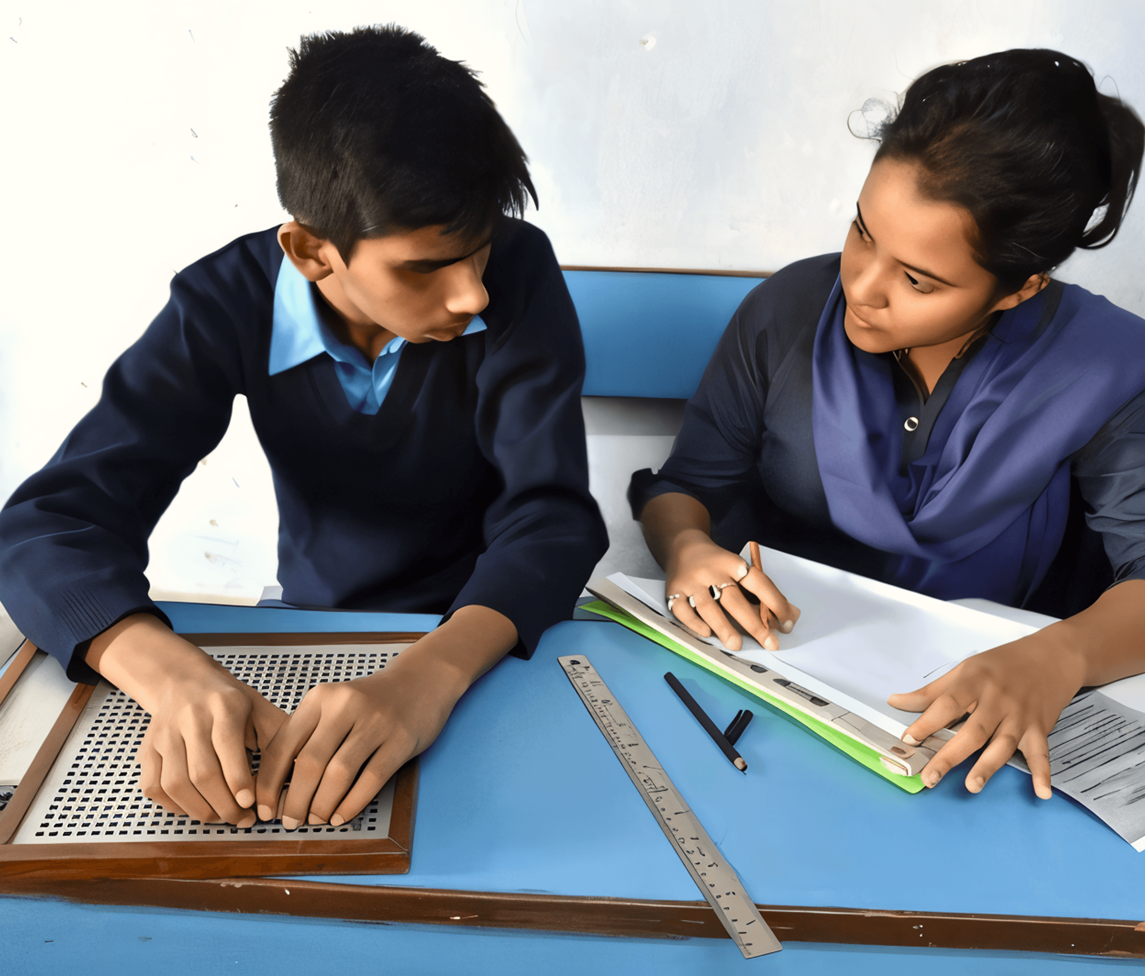 A volunteer is writing on behalf of a visually impaired student during an examination. The student is using a braille slate, and both are seated at a blue desk with study materials.